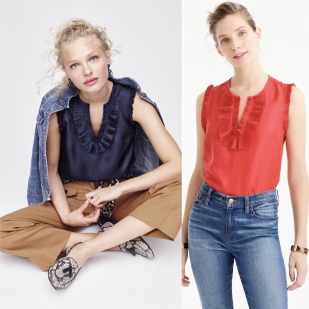 J. Crew TALL Navy Blue Silk Sleeveless Ruffle Blouse Top